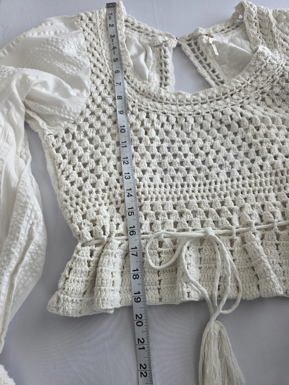 Free People Ivory Crochet Lace Boho Top Open Back Peplum Bell Sleeve Size L